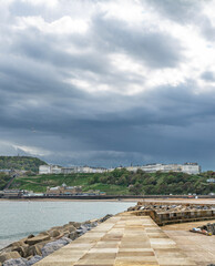 Seaside bay with heavy clouds.