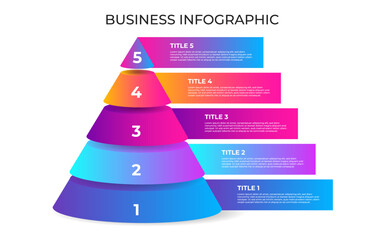 Business infographic element. 3D Triangle pyramid chart infographic with 5 option or step.