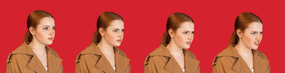 Evolution of emotions. Caucasian young woman's portrait on red studio background. Concept of human emotions, facial expression, youth, sales, ad.