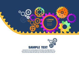 Abstract techno gear background with geometric colorful gear wheels. Space for gear text. Vector gears modern mechanism industrial concept. Technology gears background. Gears Vector illustration 