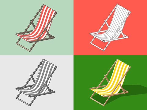 Vector isometric illustration of a deck chair made in four different options: cartoon coloful image with stroke, simple outline drawing, grayscale and color with no outline. Striped pattern.