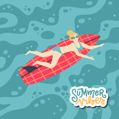 Girl Surfer Character Lying on Surfboard, Recreational Beach Water Sport banner, Young Woman Enjoying Summer Vacation Vector flat hand drawn Illustration