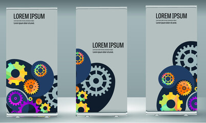 Abstract techno gear background with geometric colorful gear wheels. Space for gear text. Vector gears modern mechanism industrial concept. Technology gears background. Gears Vector illustration 