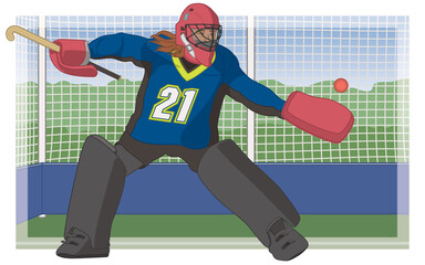 field hockey female goalkeeper goalie in blue uniform and red helmet, in front of net stopping ball with background