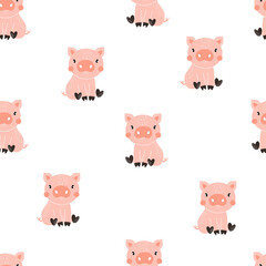 Vector hand-drawn color seamless repeating childish simple pattern with cute pigs in Scandinavian style on a white background. Trendy scandinavian vector background. Pigs print. Cute animals. Farm.