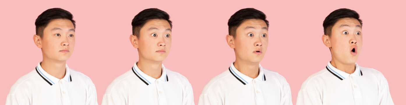 Asian man's portrait isolated over pink studio background with copyspace. Evolution of emotions.