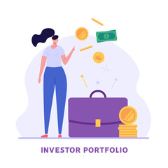 Woman successfully invests. Diversification of investment portfolio. Concept of return on investment, financial solutions, rebalancing of assets. Vector illustration in flat design for web banner