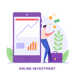 Man investor invests money with mobile app for investing. Online investment.  Concept of return on investment, financial solutions. Vector illustration in flat design for UI, web banner