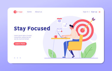 Stay focused concept. Man working with aim, schedule and new letter. Work in focus, productivity, self discipline. Goal achievement. Vector illustration for web design, banner, UI, landing page
