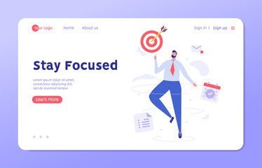 Stay focused concept. Man working with aim, schedule and new letter. Work in focus, productivity, self discipline. Goal achievement. Vector illustration for web design, banner, UI, landing page
