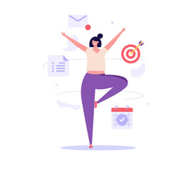Stay focused concept. Woman working with aim, schedule and new letter. Work in focus, productivity, self discipline. Goal achievement. Vector illustration for web design, banner, UI