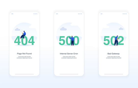 Illustration of error screens, handling exceptions, empty states. page not found error 404, internal server error 500, bad gateway error 502. Modern flat design concept ui ux.