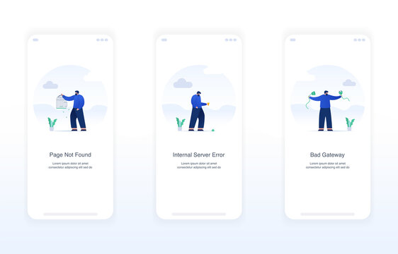 Illustration of error screens, handling exceptions, empty states. page not found error 404, internal server error 500, bad gateway error 502. Modern flat design concept ui ux.