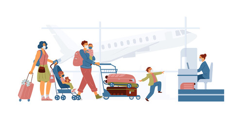 Family Wearing Protective Masks In Airport Near Check In Stand. Mother With Baby Stroller, Father Holding Child With Cart With Lugguage. Travel During Pandemic Concept.