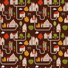 Landscape seamless pattern for the countryside, with stone houses and roads, top view map. Vector flat hand drawn graphic illustration