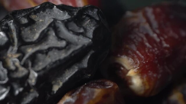 4k video clips of Dried dates closeup with selective focus
