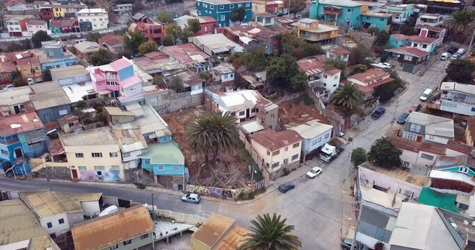 4K Footage Aerial Panoramic View to the Bright and Colorful Buildings in Valparaíso, Chile