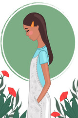 Vector illustration of a teenage girl on a contrasting background in the form of a circle and flowers. Growing up concept, difficult age, psychology, decor item