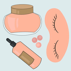 A set of cosmetic products for the face. Cream jar, powder, makeup base, sleep mask. Isolated vector illustration
