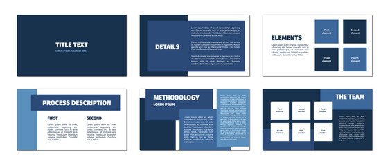 Obraz premium Presentation template. Blue rectangles flat design, white background. 6 slides. Title, details, elements, process description, methodology, team.