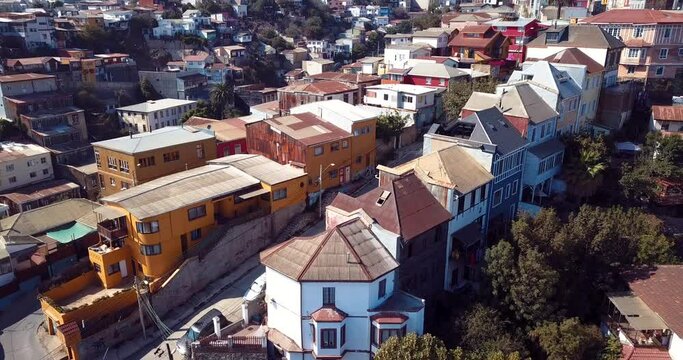 4K Footage Aerial Panoramic View to the Bright and Colorful Buildings in Valparaíso, Chile