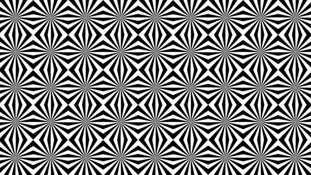 Geometric moving black psychedelic pattern, striped seamless looping background with zig zag and rhombus, trendy elegant ornament