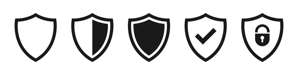 Shield black icons set. Shield symbols checkmark, padlock. Protection, secure, safety, locked concept. Isolated emblem signs on white background. Flat badge, insignia design. Vector illustration.