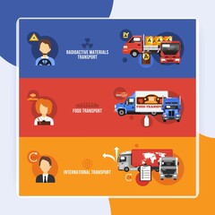 Truck flat banners set with radioactive materials food international transport isolated vector illustration
