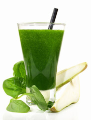 Green Smoothie with Pear and Spinach on white Background - Isolated