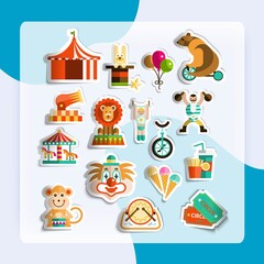 Circus entertainment paper stickers set with tickets lion icecream isolated vector illustration