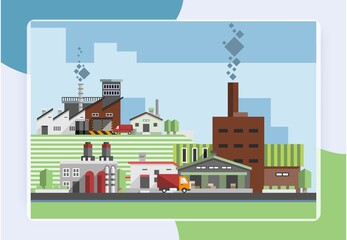 Industrial factory concept with plants warehouse buildings and delivery truck vector illustration