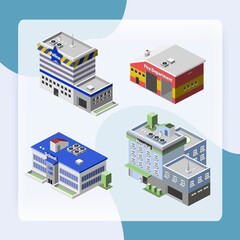 Government buildings 3d isometric set with fire department police hospital school isolated vector illustration