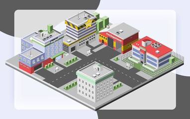 Isometric town concept with government buildings set of hospital police fire station vector illustration