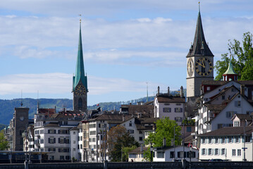 Old town of City of Zurich with river Limmat at Springtime with medieval buildings and churches. Photo taken May 26th, 2021, Zurich, Switzerland.
