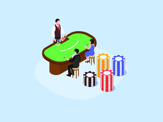 Casino isometric vector concept. Gambler playing card on the gambling table with stack of casino chip