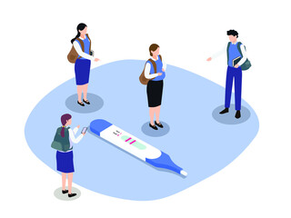 Teen pregnancy isometric vector concept. Pregnant teenage student with a positive pregnancy test pack getting bullied by friends