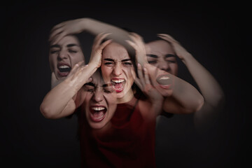 Woman with personality disorder on dark background, multiple exposure