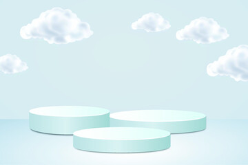 Blue 3d rendering vector background with podium and minimal blue summer stage with leaves stage background 3d rendering of clouds and clouds in the background.