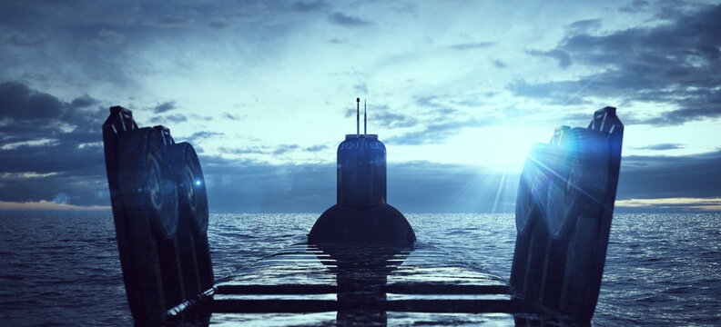 Submarine at Sea Nuclear-Powered Ballistic Missile Russian Akula Typoon Surfaced with Bright Sun with Lens Flare and Ballistic Missile Hatches Open 3d illustration render