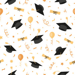 Graduation black caps with tassels, diplomas, certificates, balloons, confetti, seamless pattern, background, wallpaper, education.