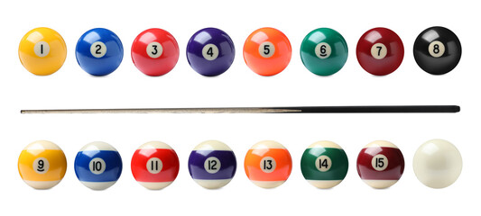 Set with billiard balls and wooden cue on white background. Banner design - obrazy, fototapety, plakaty