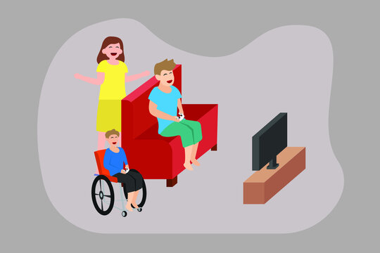 Disabled people vector concept: Disable son watching television with his parents while enjoying leisure time 