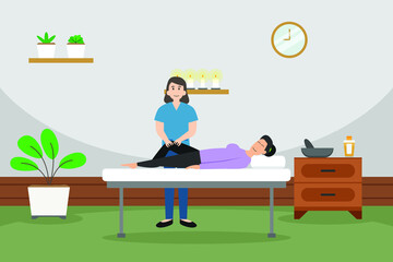 Spa or Massage vector concept. Masseur massaging patient knee on in the clinic