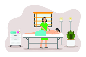 Spa or Massage vector concept. Young woman getting spa stone treatment by professional therapist