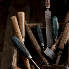 Carpentry tools in wooden crate