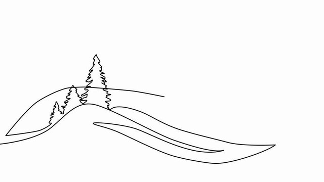 Self drawing animation of mountain landscape, lake and trees. Copy space. White background.