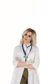 beautiful young woman in medical uniform on white background isolated