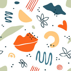 Naklejka premium Seamless pattern with abstract organic shapes, stains, lines. Colorful vector elements in doodle style for background, wallpaper, textile, cover, banner, greeting card. Simple, fun design. Modern 