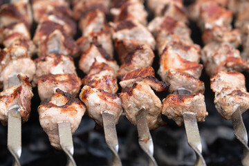 Freshly prepared barbecue on a grill with a wood coal outdoors