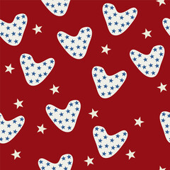 Cute seamless vector pattern with hearts and stars in national american flag muted colors. Patriotic concept with love for country in USA. Independence day on July fourth or sweet kids bedroom vibe.